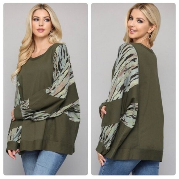 FRENCH TERRY KNIT & CAMO PRINT MIXED TOP-NEW - Picture 2 of 5